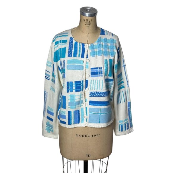 Y2K Michael Simon cardigan blue white plaid appliqued Size L - Picture 1 of 9
